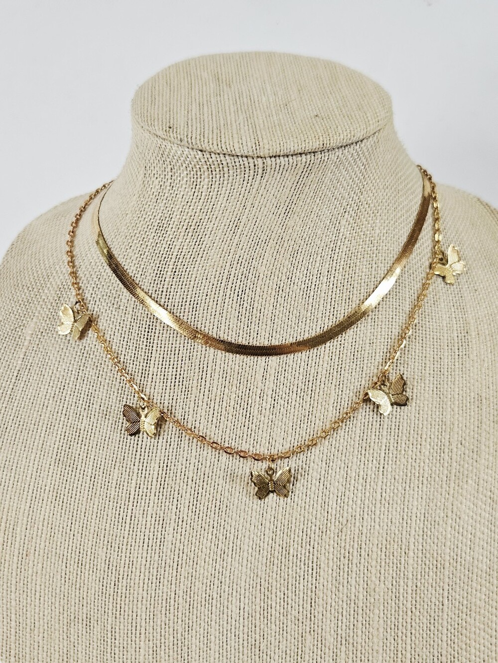 Layered Multi-Strand Double Strand Polished Gold Tone Butterfly Charm Necklace